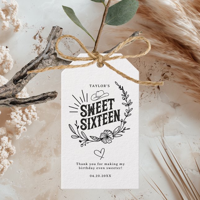 Étiquettes-cadeau Russe Western Cowgirl Sweet sixteen Anniversaire (Rustic Sweet Sixteen gift tag with a western floral design, printed on white textured paper.)