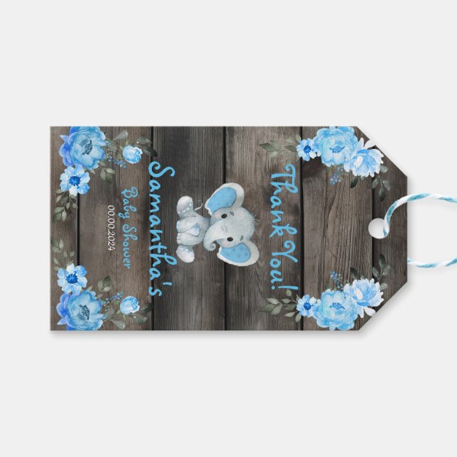 Étiquettes-cadeau Rustic Blue Boy Elephant Givaway Baby shower (Devant (Horizontal))