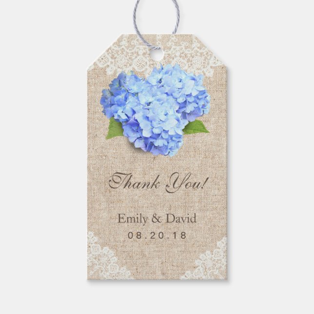 Étiquettes-cadeau Rustic Blue Hydrangea dentelle & Burlap Mariage Fa (Devant)