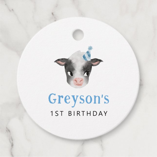Étiquettes Cadeau Rustic Cow Blue Anniversaire Favoriser les étiquet (Devant)