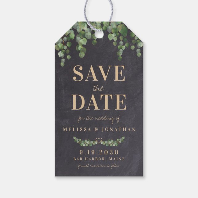 Étiquettes-cadeau Rustic Eucalyptus Chalkboard Enregistrer La Date D (Devant)