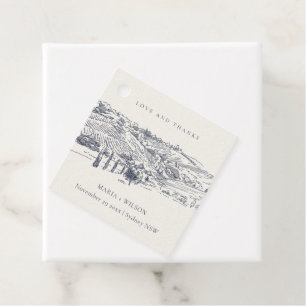 Étiquettes Cadeau Rustic Navy Blue Winery Mountain Mariage croquis
