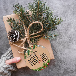 Étiquettes Cadeau Rustic Peace et Joy Red Berries Noël Feuille