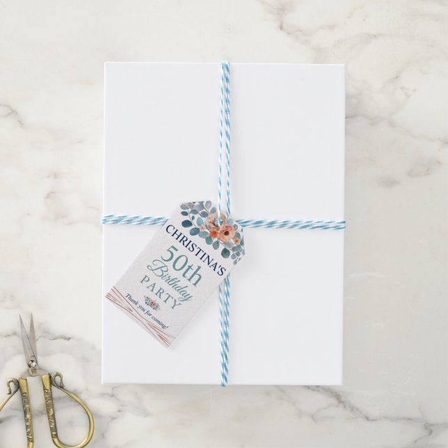 Étiquettes-cadeau Rustique aquarelle bleu floral 50e fête d'annivers (Avec de laficelle)