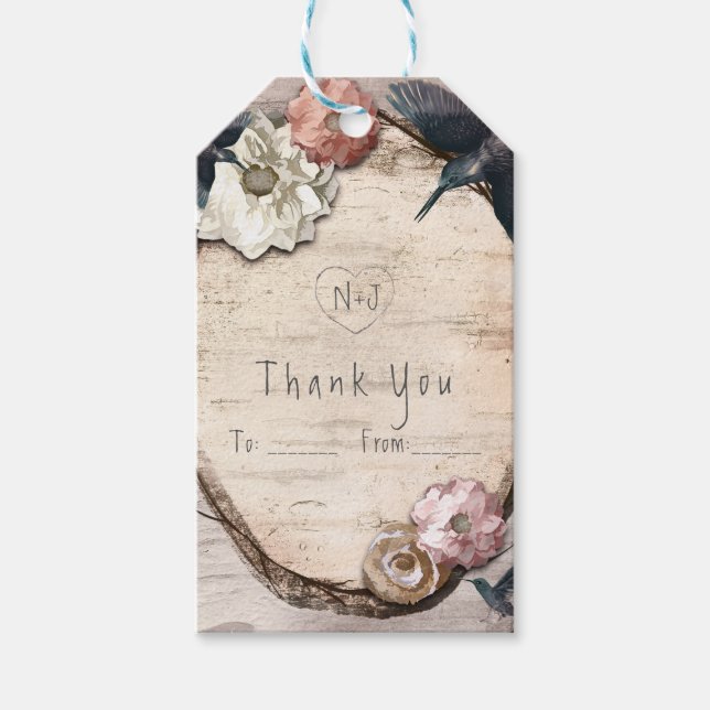 Étiquettes-cadeau Rustique Blanc Birch Floral & Colibri Favoriser (Devant)