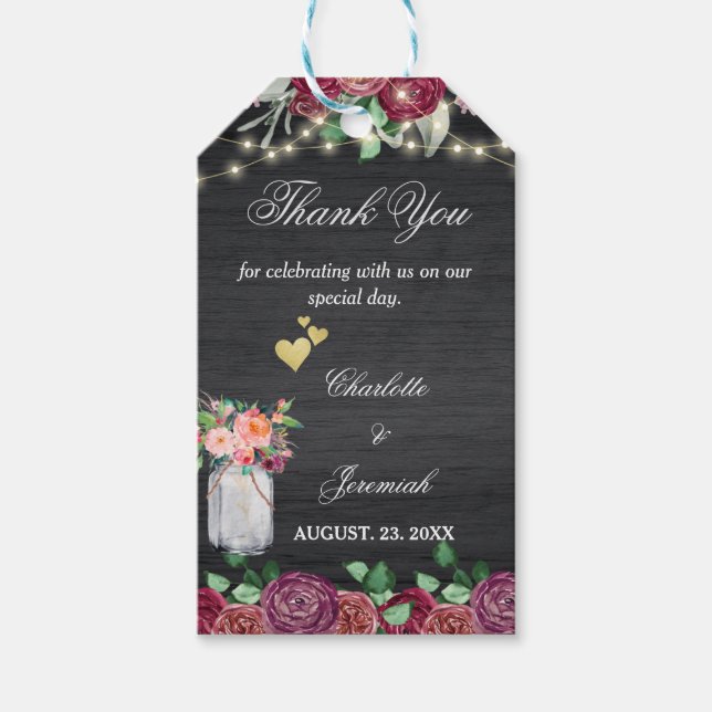 Étiquettes-cadeau Rustique Bourgogne Mason Jar éclaire Merci Mariage (Devant)