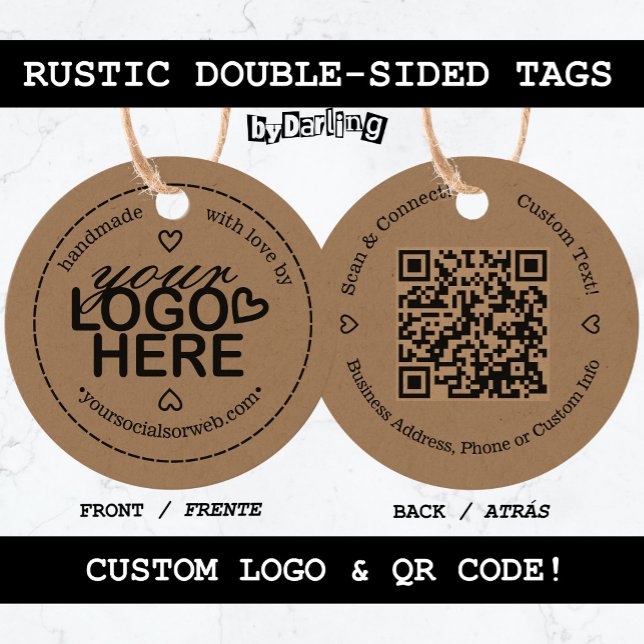 Étiquettes Cadeau Rustique fait à la main avec l'amour Logo personna (Rustic Handmade with Love Double-Sided Tags with Custom Logo & QR Code)