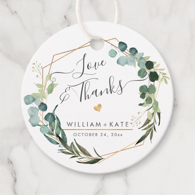 Étiquettes Cadeau Rustique verdure Eucalyptus Amour+Merci (Devant)