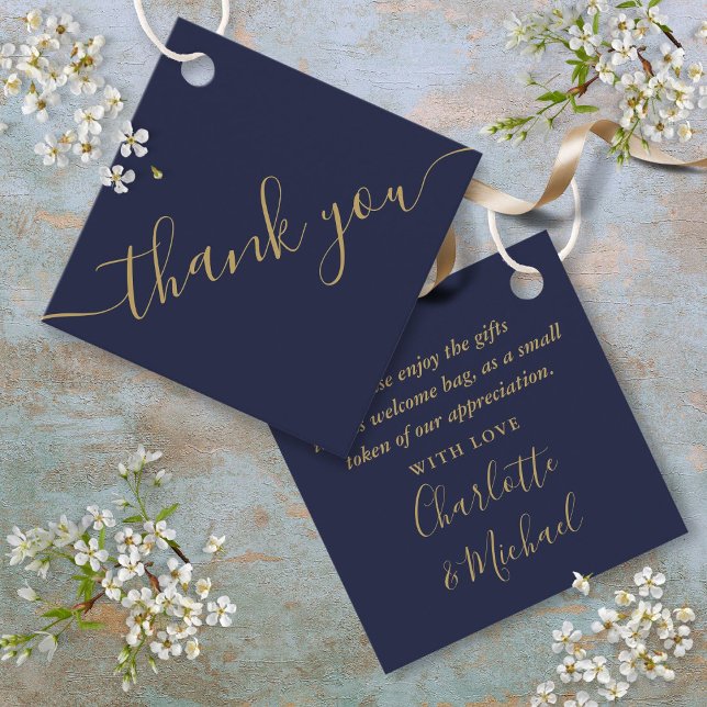 Étiquettes Cadeau Sac cadeau Merci  or bleu marine Mariage (Navy Blue Gold Thank You Wedding Gift Basket Bag Favor Tags)