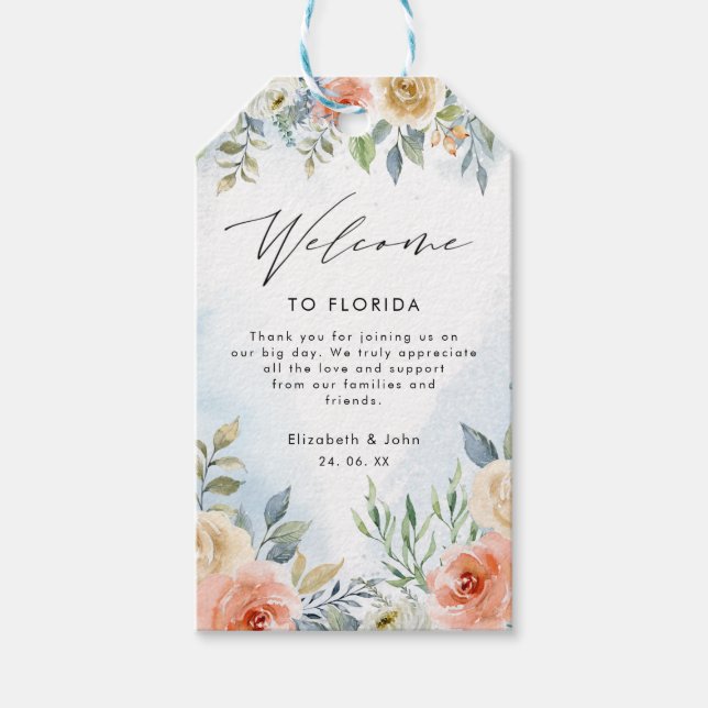 Étiquettes-cadeau Sac d'accueil Mariage de fleurs de crème d'aquarel (Devant)