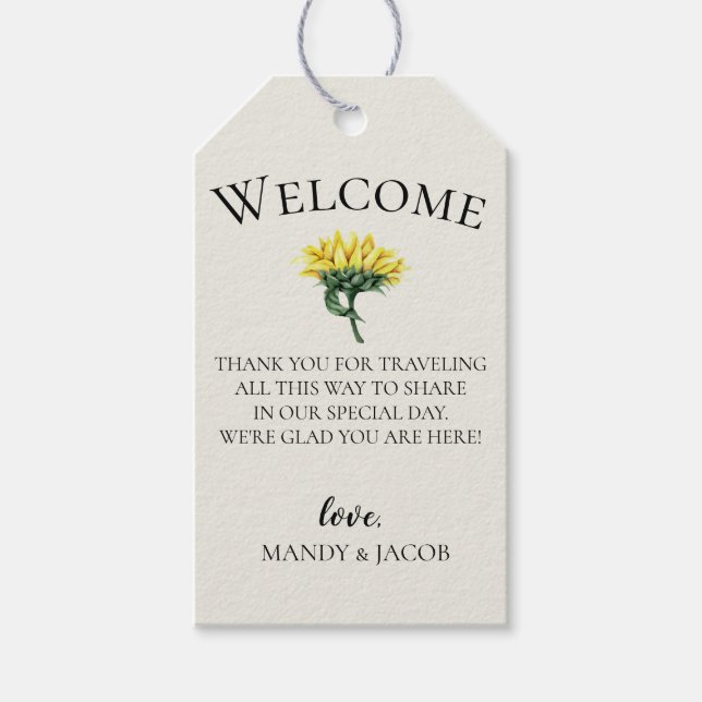 Étiquettes-cadeau Sac de bienvenue du Mariage de tournesol rustique (Devant)