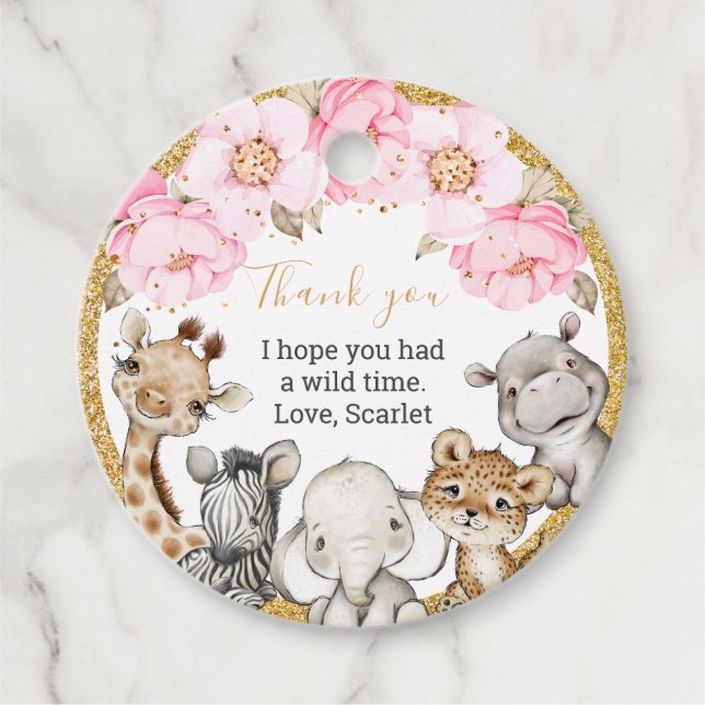 Étiquettes Cadeau Safari Floral Animaux Baby shower Merci (Devant)