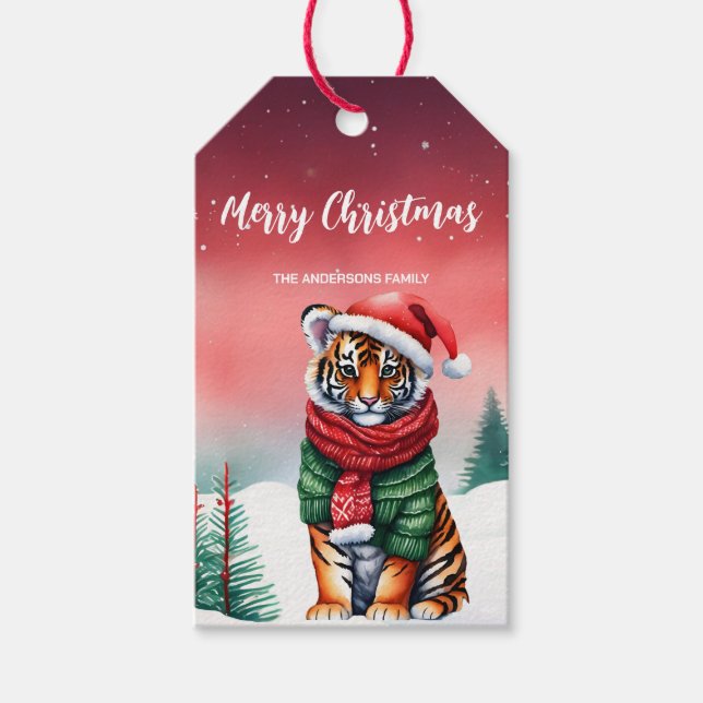 Étiquettes-cadeau Safari tigre mignon Père Noël Noël Snow kids (Devant)