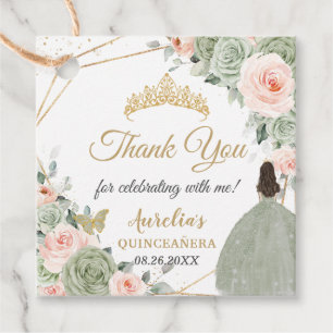 Étiquettes Cadeau Sage Green Blush Floral Princess Gold Quinceañera