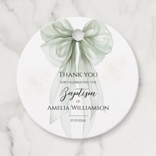 Étiquettes Cadeau Sage Green Bow Baptême (Devant)