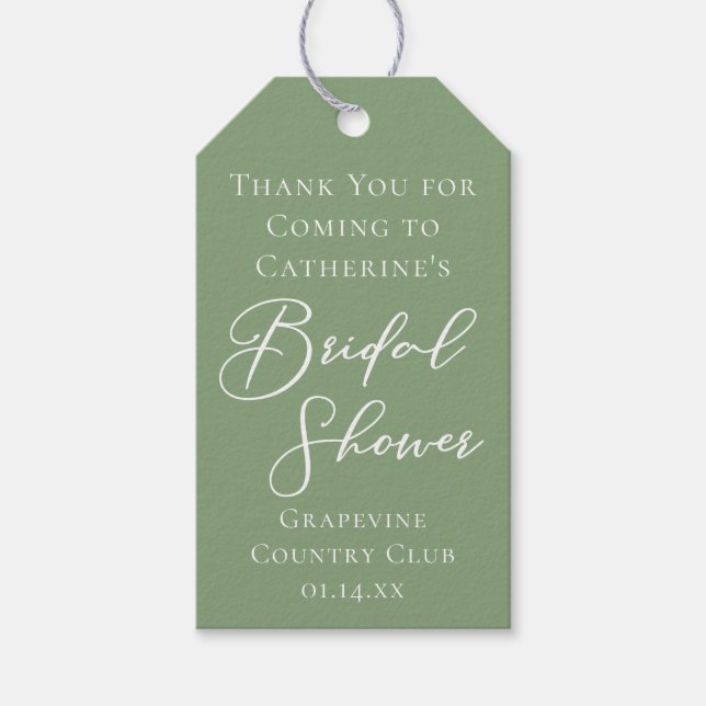 Étiquettes-cadeau Sage Green Bridal Shower Personalized White Script (Devant)