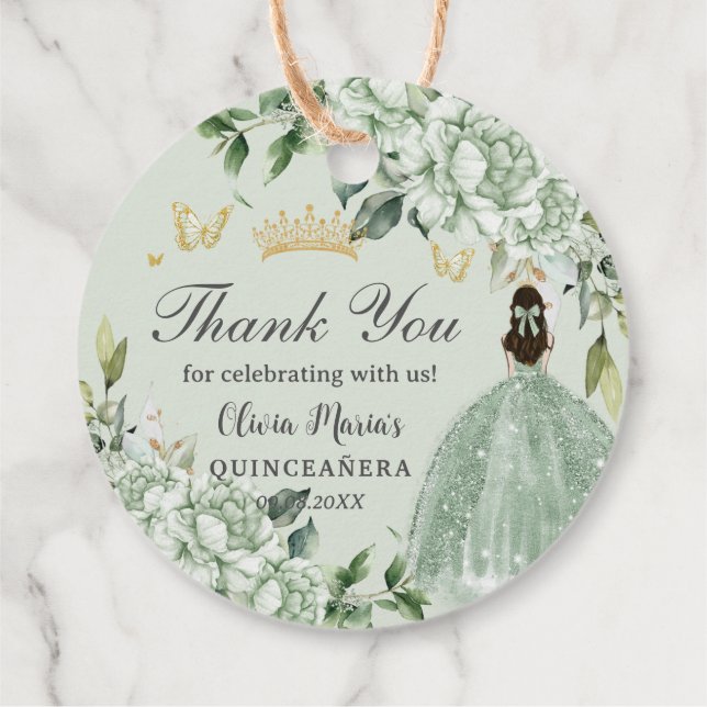 Étiquettes Cadeau Sage Green Floral Princesse Quinceañera (Dos)