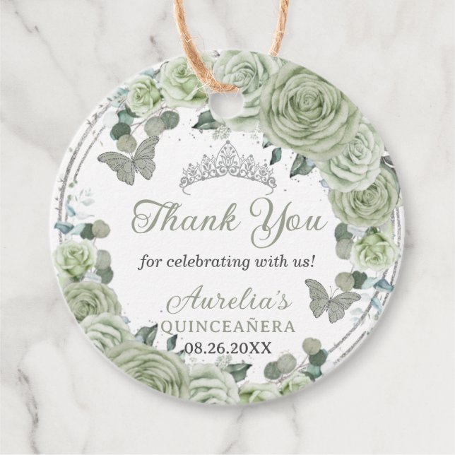 Étiquettes Cadeau Sage Green Floral Roses Argent Tiara Papillons (Devant)