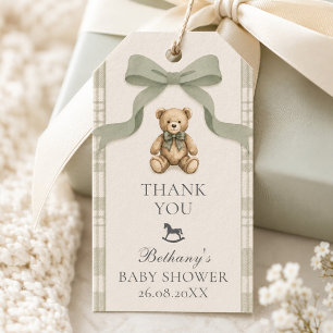 Étiquettes-cadeau Sage Green Gingham Teddy Bear Baby Shower
