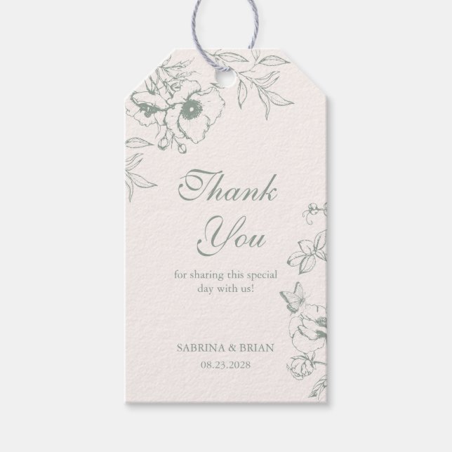 Étiquettes-cadeau Sage Green Jardin Floral Merci de mariage (Devant)