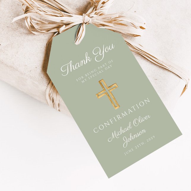 Étiquettes-cadeau Sage Green Religious Cross Boy Confirmation (Sage Green Religious Cross Boy Confirmation Gift Tags)