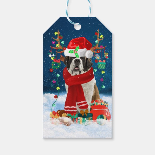 Étiquettes-cadeau Saint Bernard chien avec cadeaux de Noël (Devant)