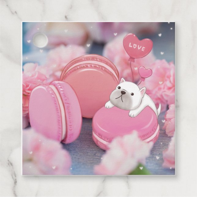 Étiquettes Cadeau Saint-Valentin : Chien de taureau, Macarons et Fle (Devant)