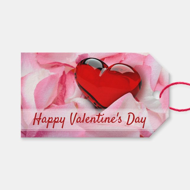 Étiquettes-cadeau Saint-Valentin Rouge Verre Coeur Rose Pétales (Devant (Horizontal))