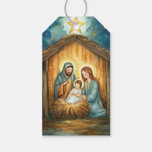 Étiquettes-cadeau Sainte Famille à Manger, Noël étoile Glow (Devant)
