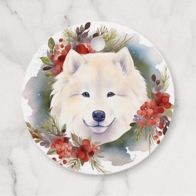Étiquettes Cadeau Samoyed Christmas Wreath Festive Pup (Dos)
