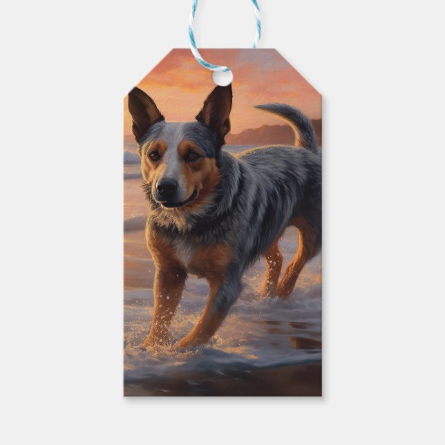 Étiquettes-cadeau Sandy Paws Australian Cattle Dog on Beach Sunset (Devant)