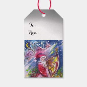 Étiquettes-cadeau SANTA CLAUS JOUER HARP Rouge Blanc Noël