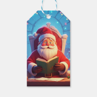 Étiquettes-cadeau Santa Claus Reading a Book by Candlelight