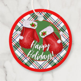 Étiquettes Cadeau Santas Personnalisé Mittens Sur Motif Rouge Vert P