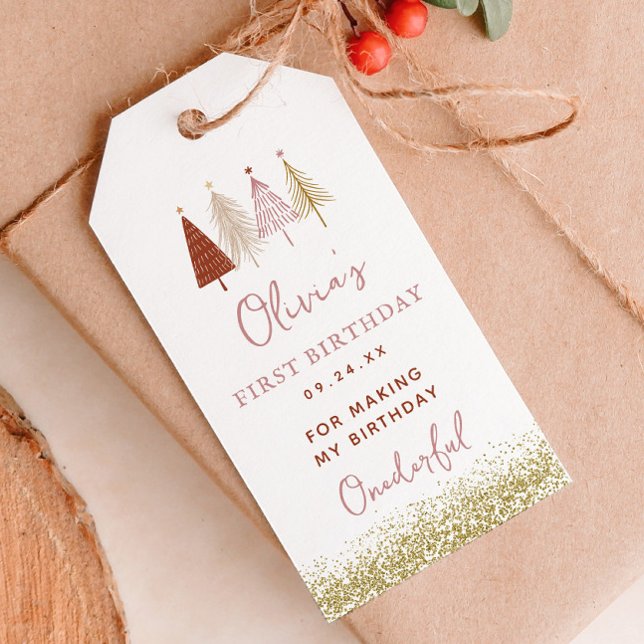 Étiquettes-cadeau Sapin de Noël Fille Hiver 1er Anniversaire Merci (Créateur téléchargé)