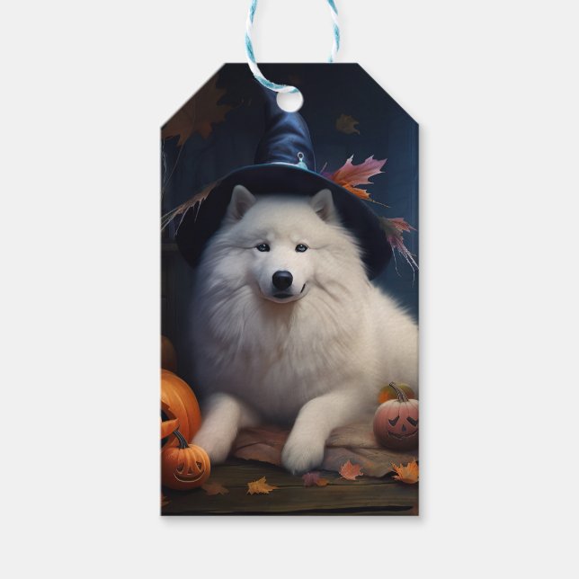 Étiquettes-cadeau Scary d'Halloween Citrouille Samoyé (Devant)
