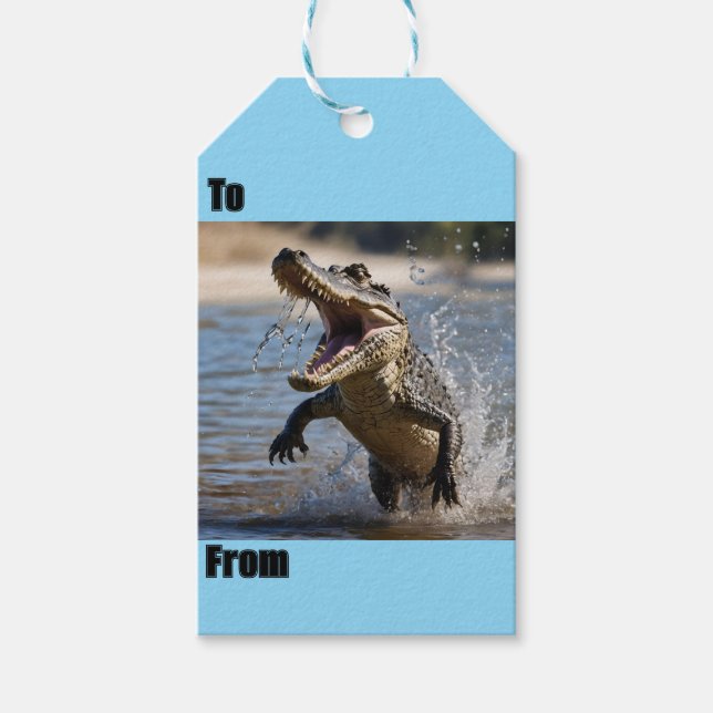 Étiquettes-cadeau Scary Jaws : Le Crocodile australien saute aux pie (Devant)