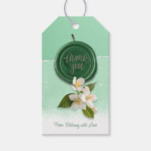 Étiquettes-cadeau Sceau Vert avec Fleurs Blanches Merci