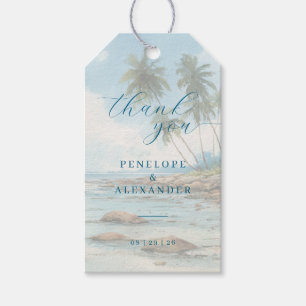 Étiquettes-cadeau Scène de plage à l'aquarelle bleue paisible