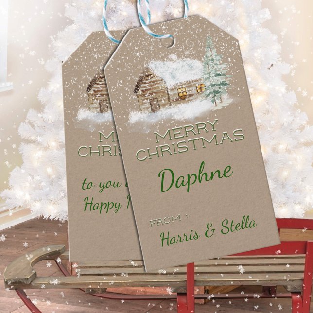 Étiquettes-cadeau Scène hivernale Rustique Kraft Snowy Log Cabine (Rustic Kraft Snowy Log Cabin Winter Scene Christmas Holiday Gift Wrapping Name Tag)