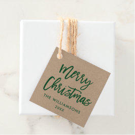 Étiquettes Cadeau Script de brosse moderne Vert Noël Kraft Carré