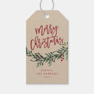 Étiquettes-cadeau Script joyeux noël branche avec baies cadeau ta