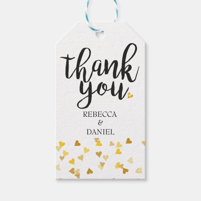 Étiquettes-cadeau Script Merci Golden Hearts Confetti (Devant)