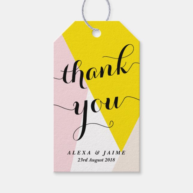 Étiquettes-cadeau Script Merci | Motif géométrique rose et jaune (Devant)