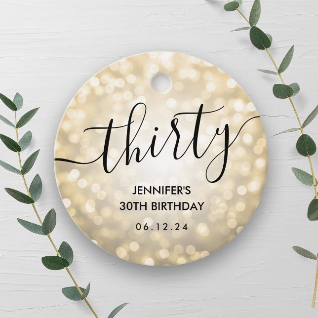 Étiquettes Cadeau Script moderne Gold Parties scintillant Lumières 3 (Modern Script Gold Glitter Lights 30th Birthday Favor Tags)