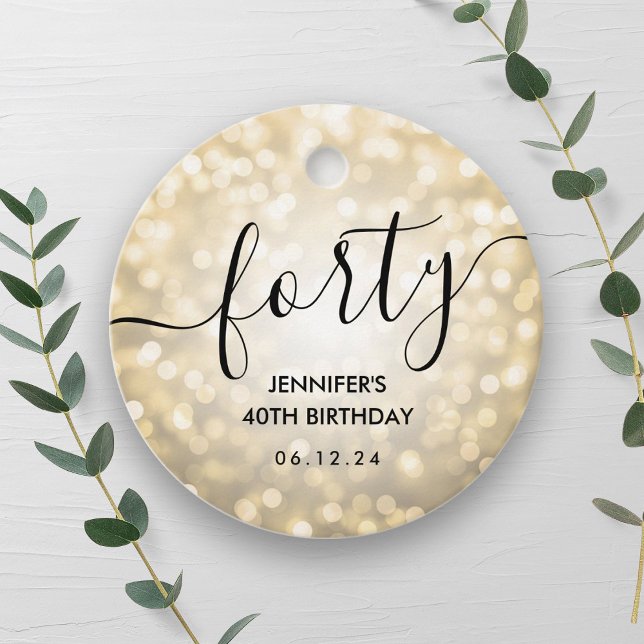 Étiquettes Cadeau Script moderne Lumières Parties scintillant or 40e (Modern Script Gold Glitter Lights 40th Birthday Favor Tags)
