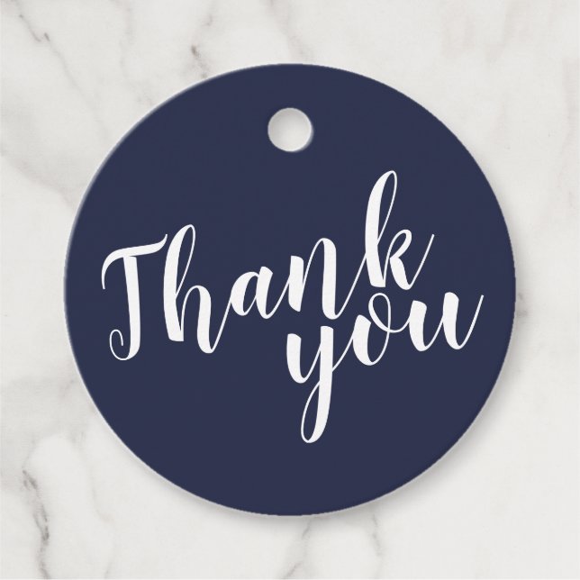 Étiquettes Cadeau Script moderne Mariage bleu marine Merci (Devant)