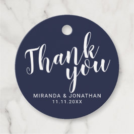 Étiquettes Cadeau Script moderne Mariage bleu marine Merci