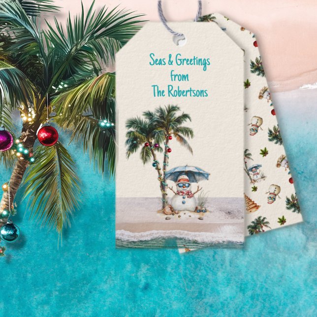 Étiquettes-cadeau Seas et salutations Sand Snowman Noël (Créateur téléchargé)