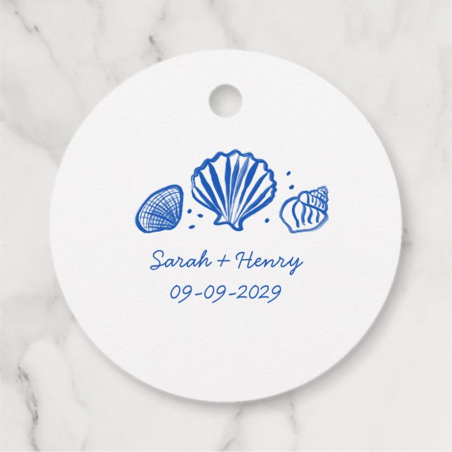 Étiquettes Cadeau Seashells Beach Wedding Bleu Blanc CUSTOM (Dos)